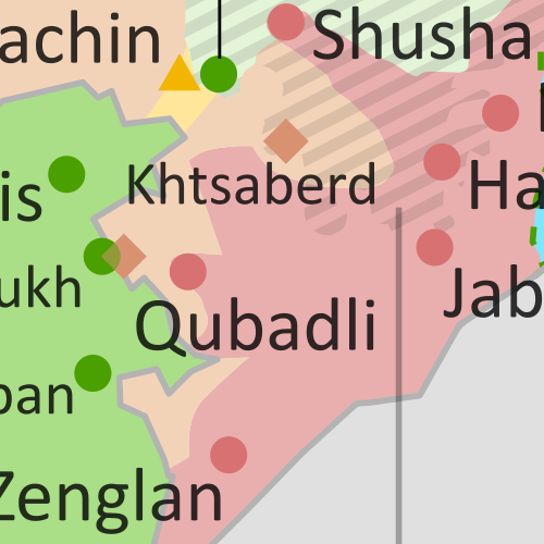 Preview thumbnail of map of territorial change in Nagorno-Karabakh before and after the 2020 war between Azerbaijan and the Armenia-backed, self-proclaimed Republic of Artsakh. Updated to January 28, 2020, to highlight locations of important events taking place in the aftermath of the peace deal's implementation. Colorblind accessible.