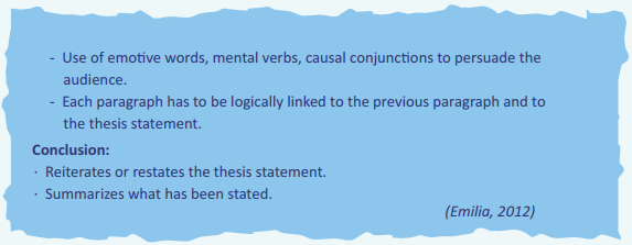 - Use of emotive words, mental verbs, causa! conjunctions to persuade the audience. - Each paragraph has to be logically linked to the previous paragraph and to the thesis statement. Conclusion: Reiterates or restates the thesis statement. Summarizes what has been stated.