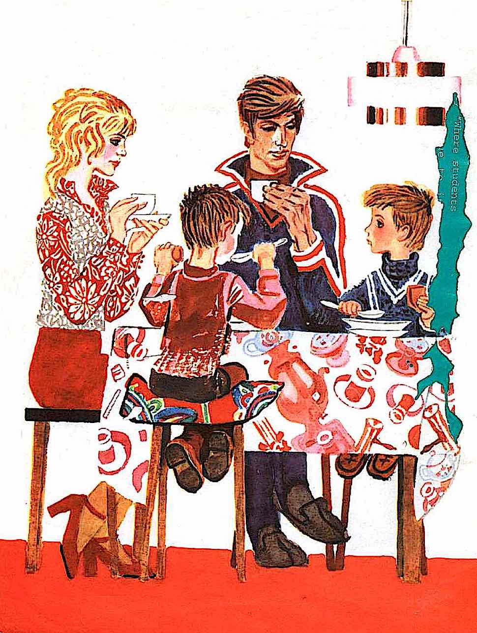Russian children's book 1970s from a Russian children's book 1970s, an ideal family at the dining table