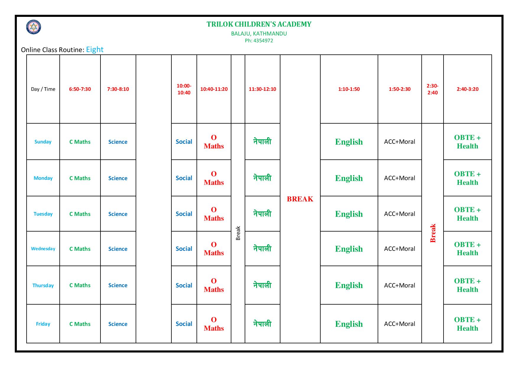 TRILOK SCHOOL: Online class Routine