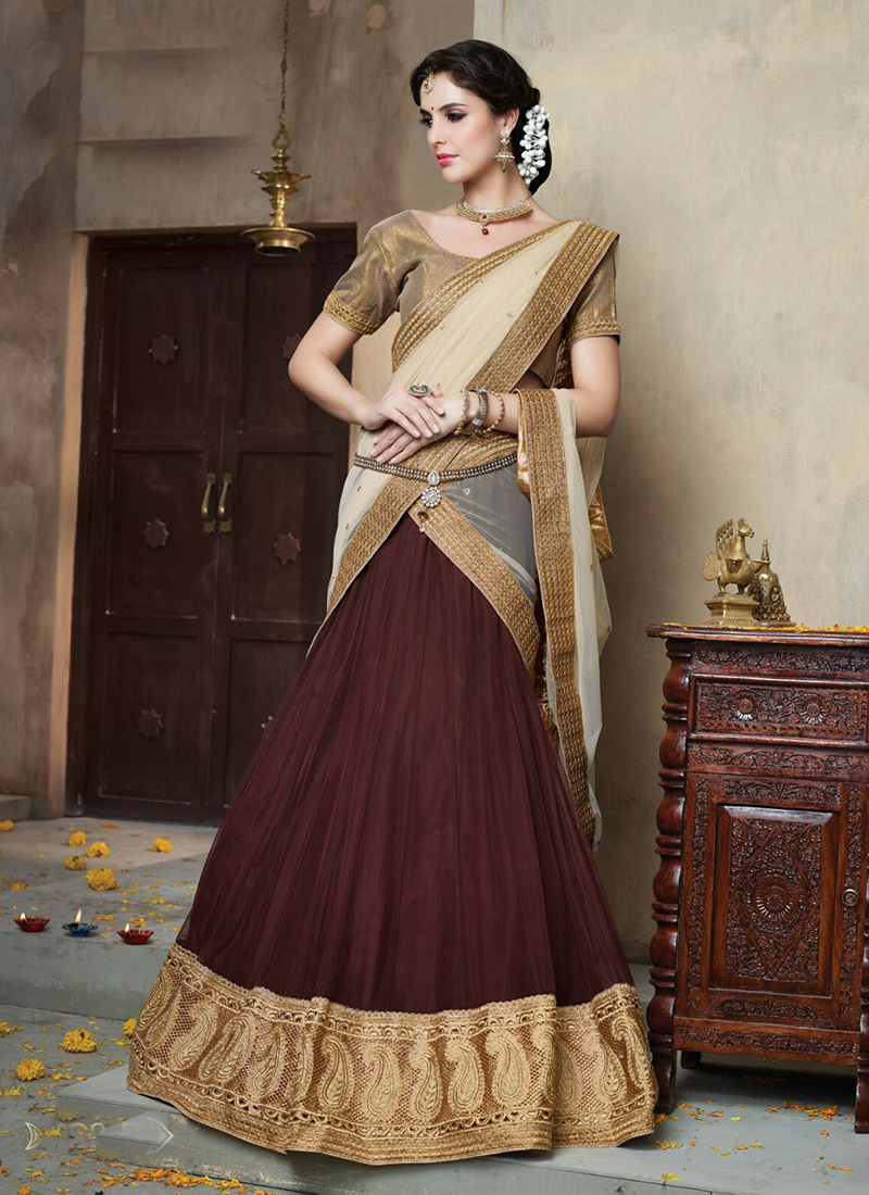 Rust Net Lace Work Designer Classic Lehenga Choli