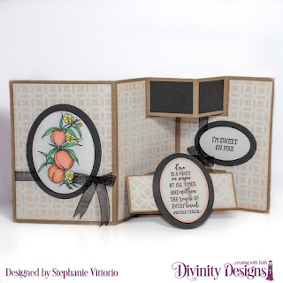 Divinity Designs Stamp Set: Peach Branch, Mixed Media Stencils: Circles, Custom Dies: Half Shutter Card with Layers, Pierced Ovals, Belly Band