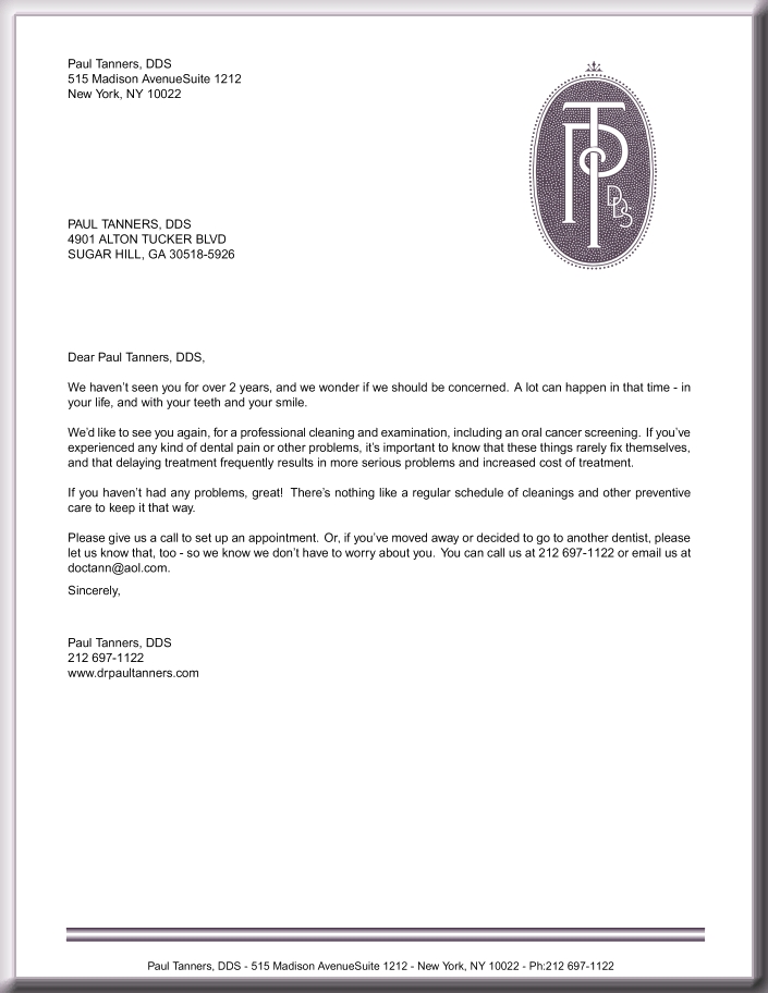 Dental Recall Letter Template Resume Letter