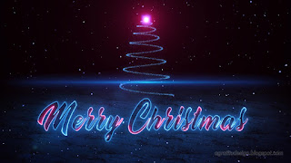 Merry Christmas Neon Glow Lettering In The Snowfall And Christmas Tree Light Spiraling Upwards