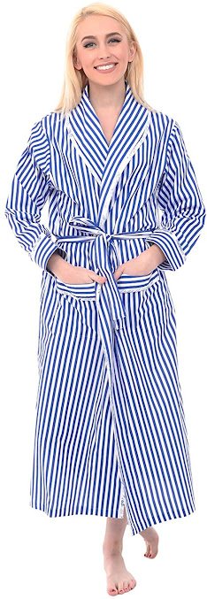 Blue and White Striped With White Patterned Piping Lightweight Cotton Cozy Summer Bathrobe Good Quality Cotton Bath Robes For Women