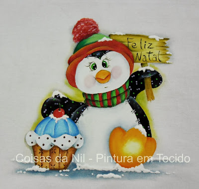 pinguim com cupcake pintado em pano de copa