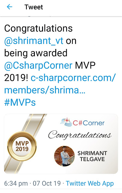 Awarded C# Corner MVP Award (Shrimant Telgave)