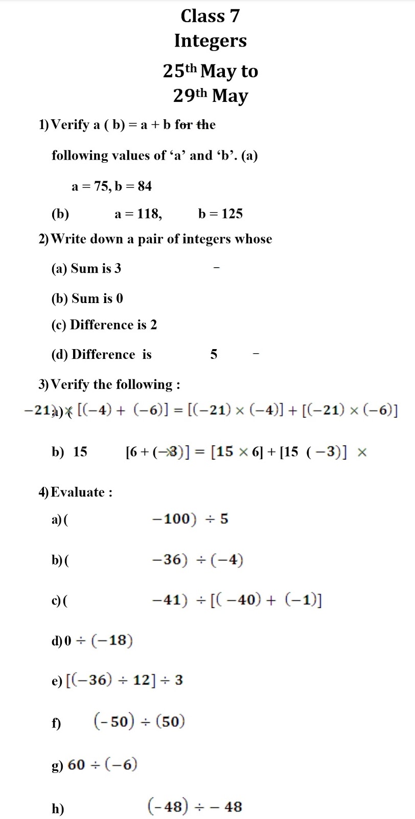 maths holiday homework for class 7