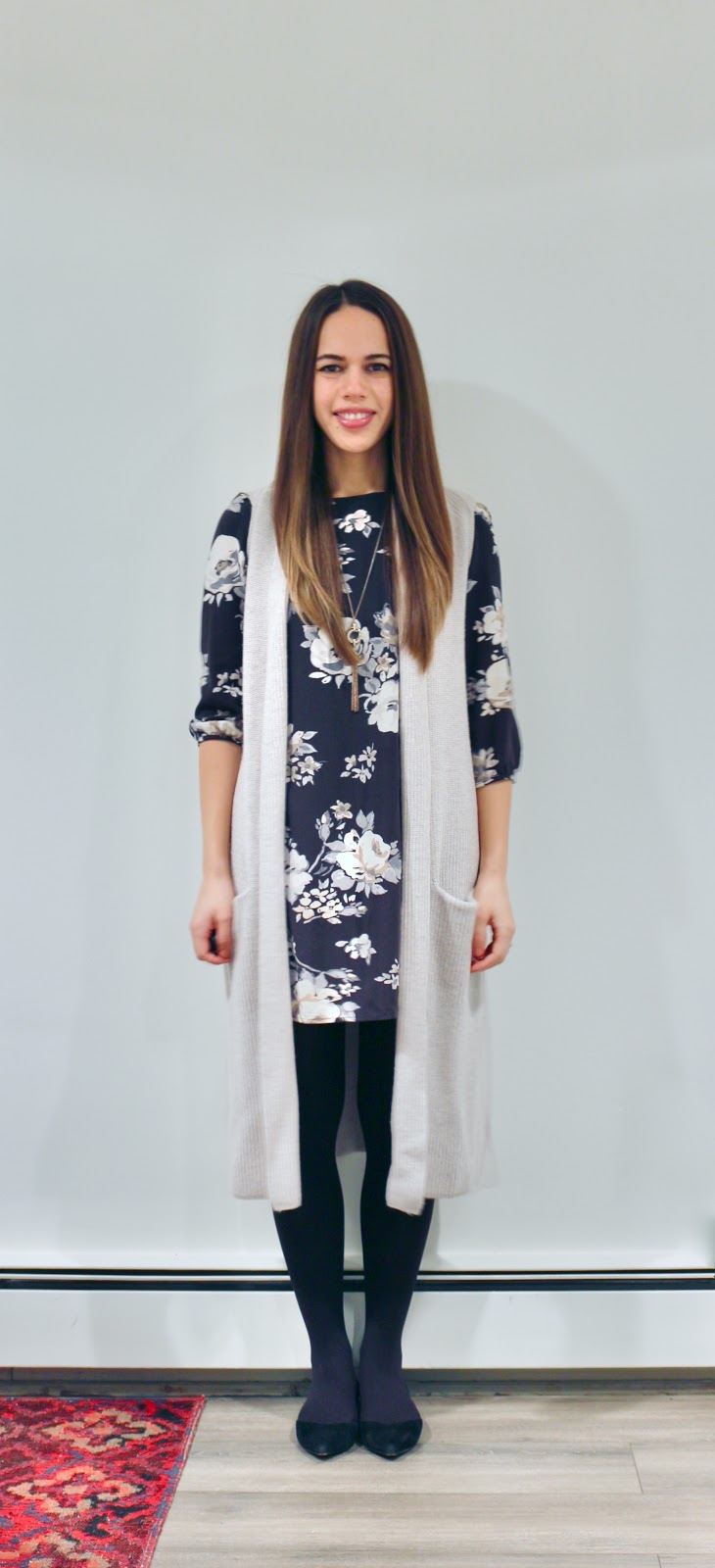 Jules in Flats - Floral Shift Dress with Knit Duster Sweater Vest (Business Casual Winter Workwear on a Budget)