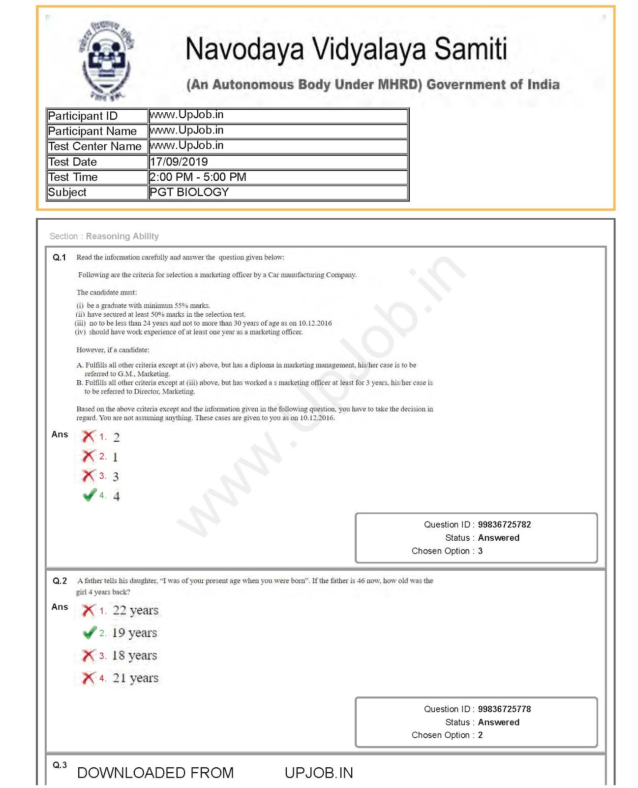NVS PGT / TGT Question Paper Answer Key official Navodaya Vidyalaya