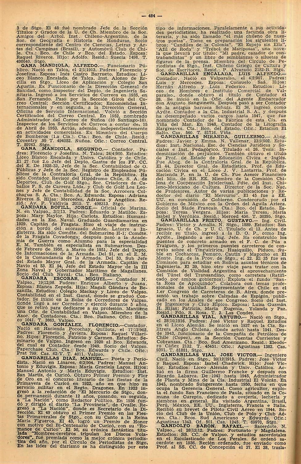 Diccionario Biográfico de Chile 9a Edición 1953 484 GANDARA GANDARILLAS