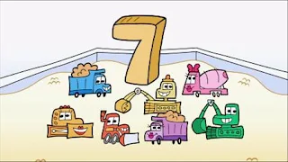 7 trucks are counted in a sandbox, Sesame Street Episode 4401 Telly gets Jealous season 44