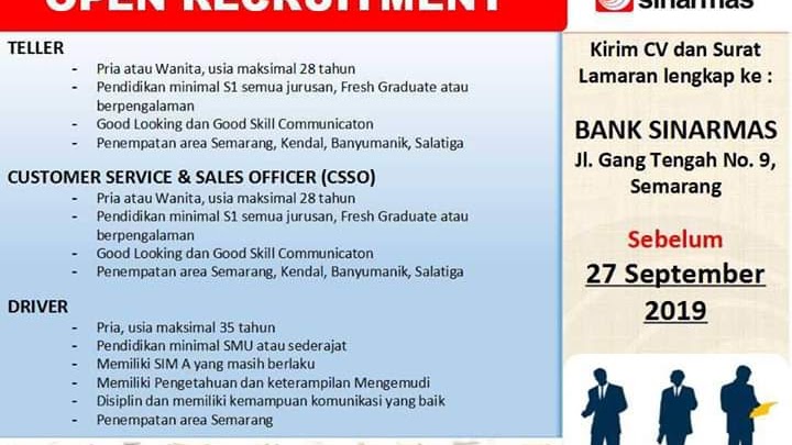 Lowongan Kerja Bank Sinarmas Posisi Teller Csso Dan Driver Penempatan Semarang Kendal Salatiga September 2019 Loker Swasta
