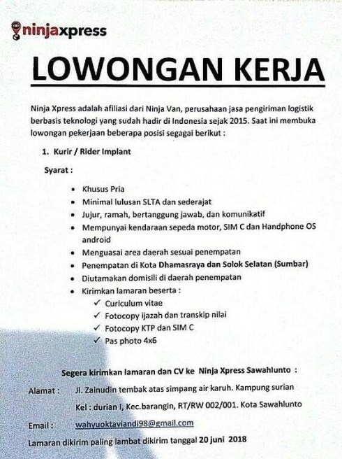 Loker Sawahlunto Ninja Express Kurir Reader Implant Career Job Opportunities