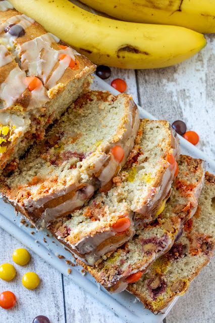 Reese's Pieces Peanut Butter Banana Bread loaf sliced