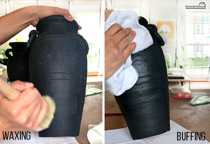 Waxing and buffing a black vase