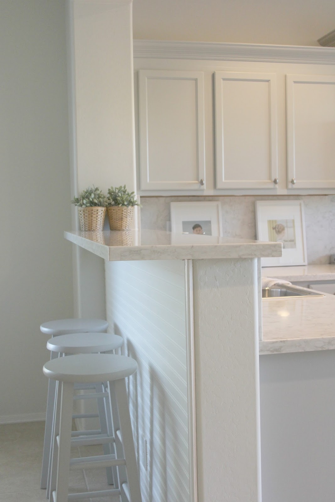 Serene Nordic French style kitchen renovation with pastels and grey cabinets by Hello Lovely studio