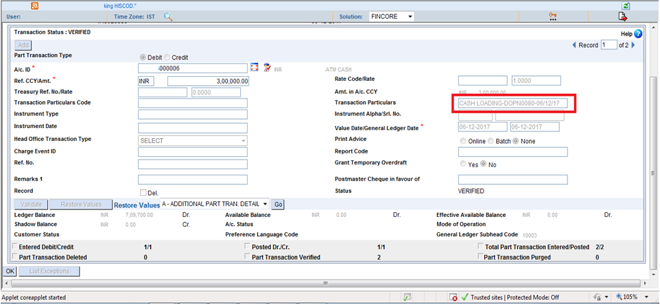 Cash loading transaction particulars and RA Procedure in DOP Finacle ...