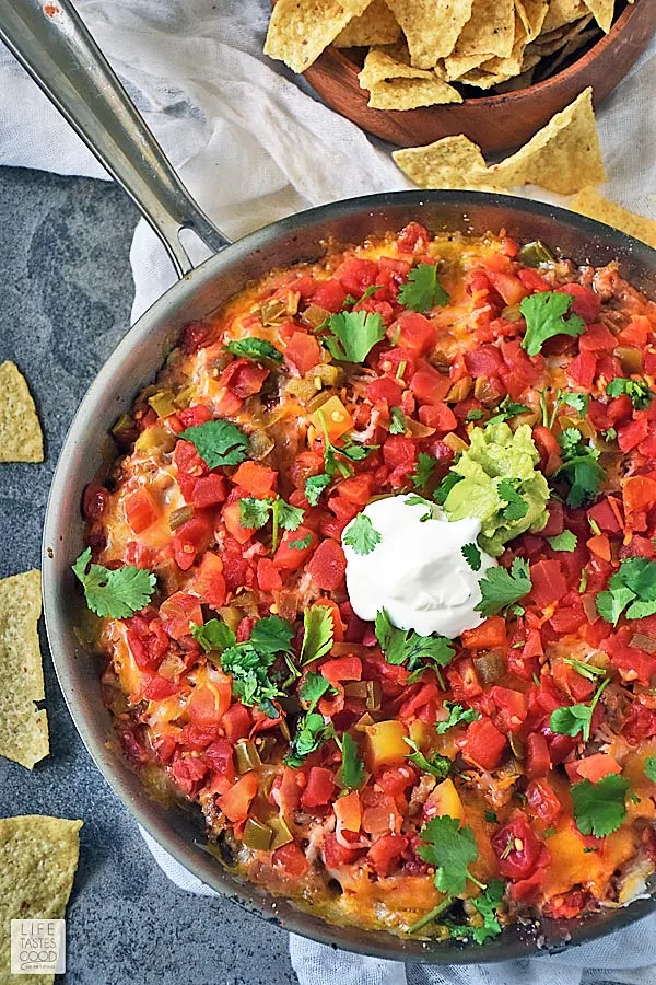 Hot Mexican Dip Skillet ready to serve with chips