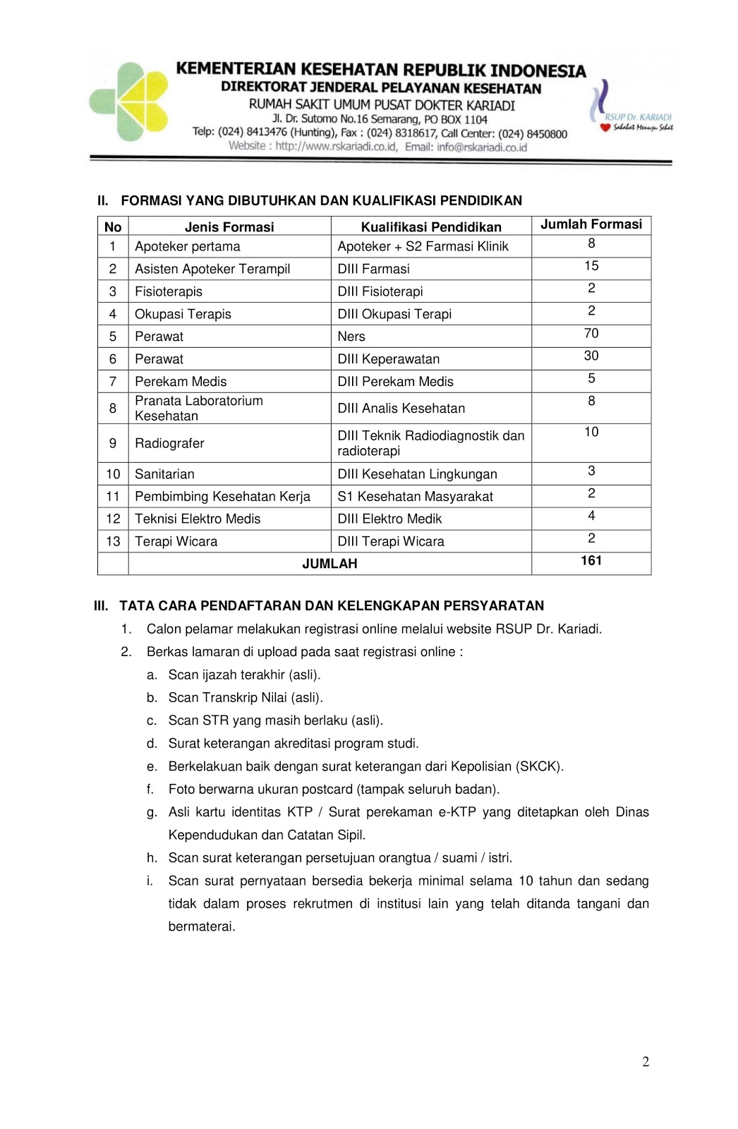 Lowongan Kerja Non PNS RSUP Dr. Kariadi Besar Besaran Bulan April 2020