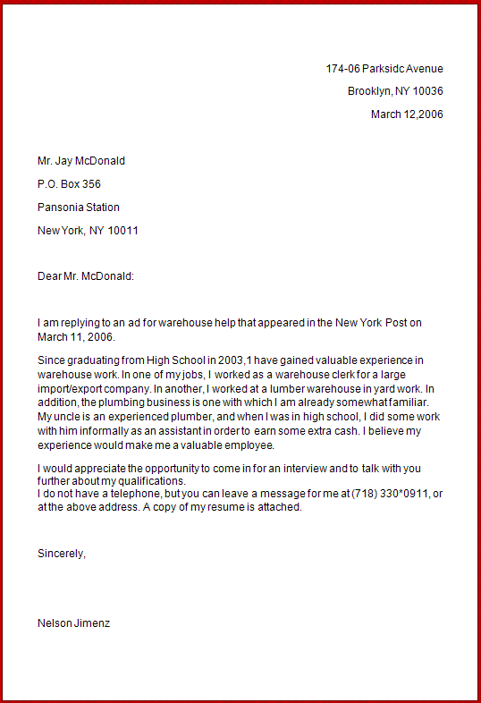 example of application letter for work job