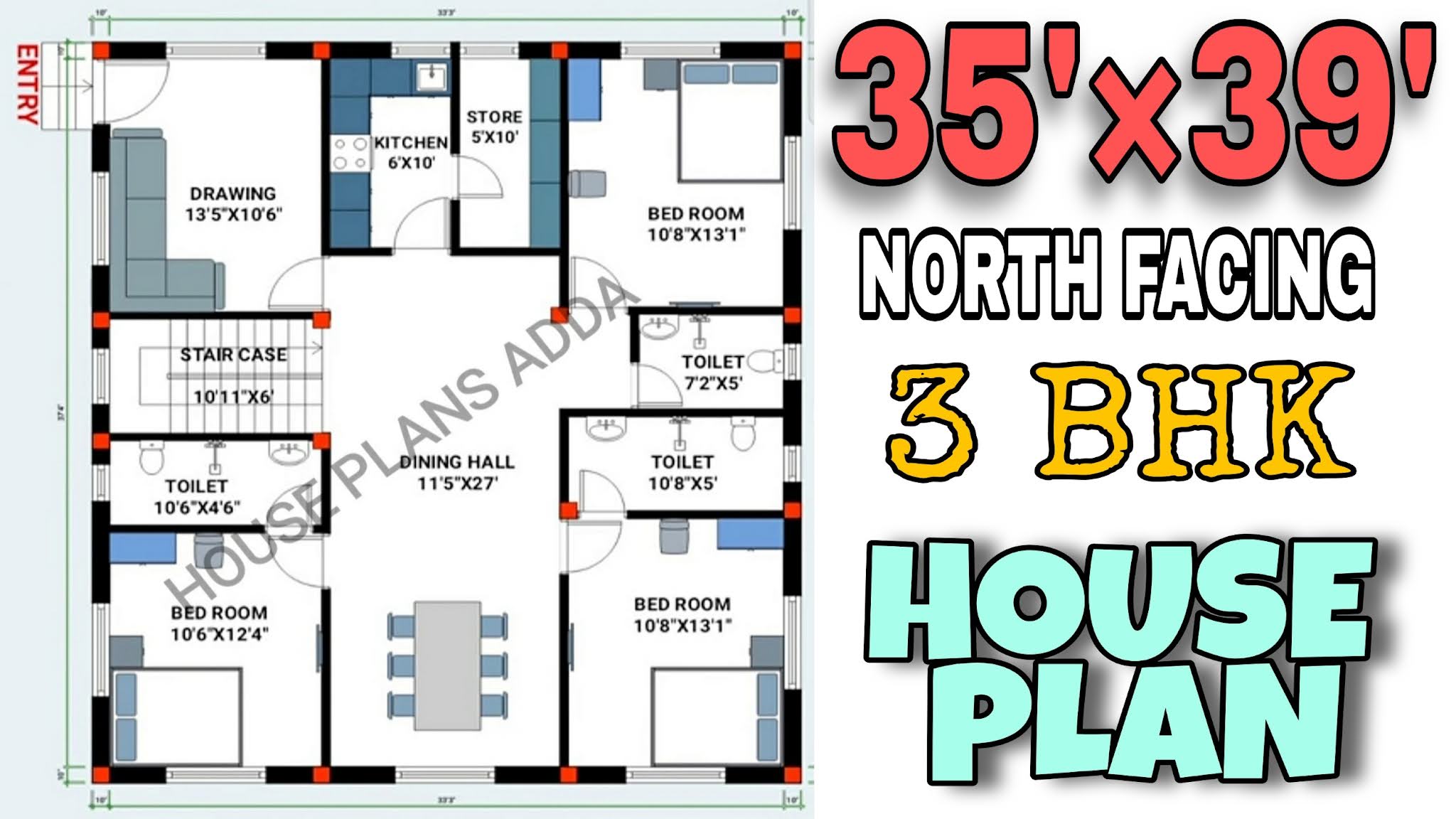 3BHK North Facing Ghar Ka Naksha|35×39 House Plan| Low Budget House