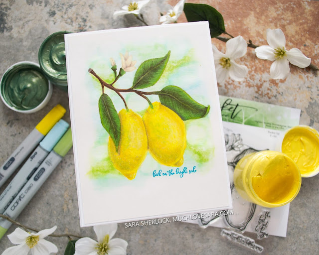 This cheerful lemon handmade card, was stamped with the new Picket Fence Studios Stamp Set called Pucker Up.  The image was colored with Copic Markers and Prismacolor Colored Pencils