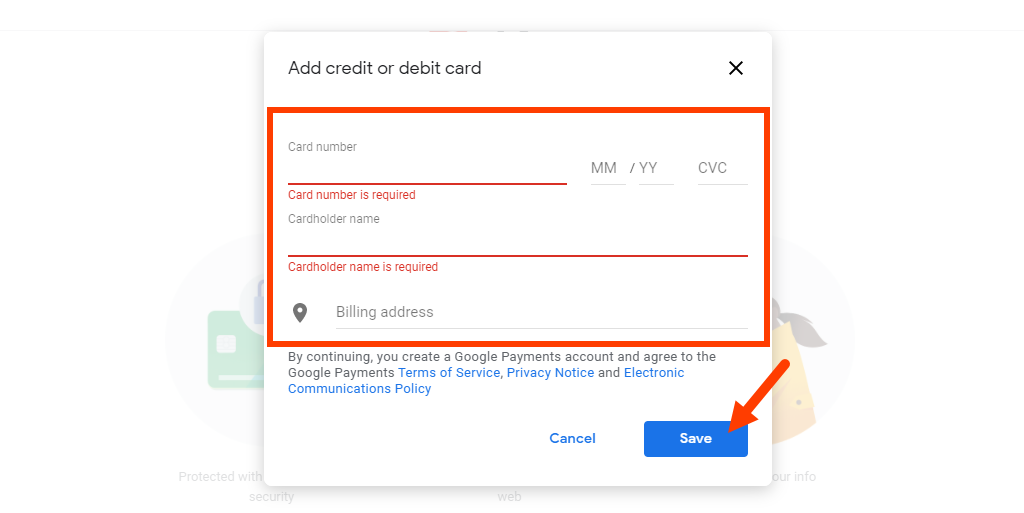 Google Account Add credit or debit card