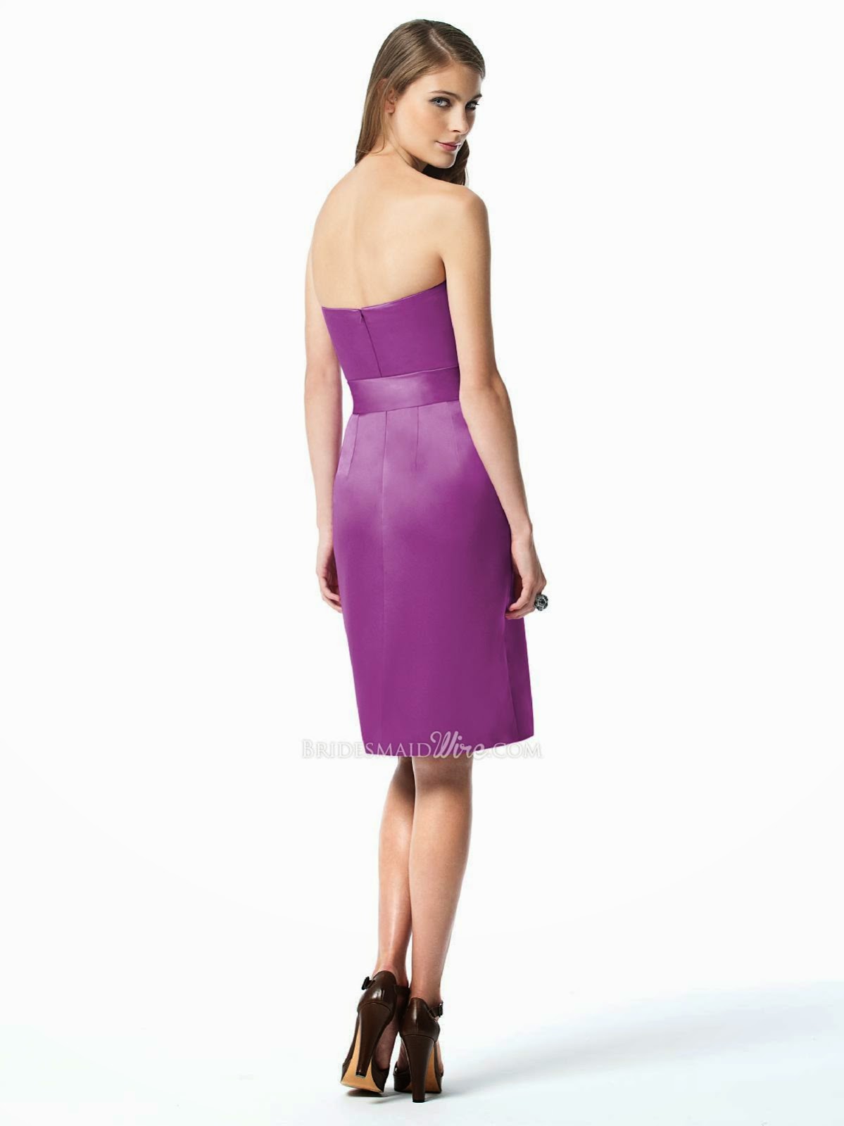 Casual Orchid Satin Strapless Knee Length Draped Bodice Bridesmaid Dress-2