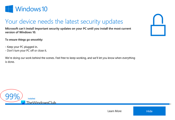 Windows 10 업데이트 도우미가 99%에서 멈춤