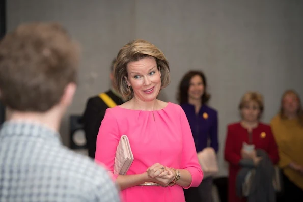 Queen Mathilde of Belgium meets with students during a visit to the Higher Institute of Music and Pedagogy