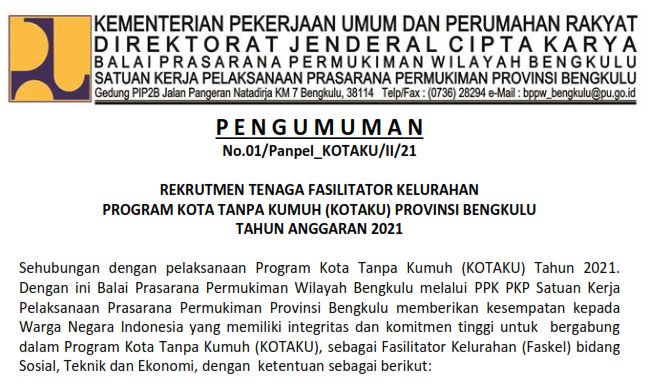 Rekrutmen Tenaga Pendamping Kotaku Bengkulu