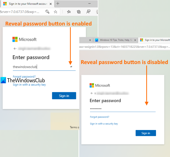 MicrosoftEdgeのパスワードの公開ボタンを有効または無効にします