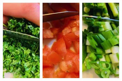 Chopping parsel, tomatoes and green onions for tabbouleh recipe.