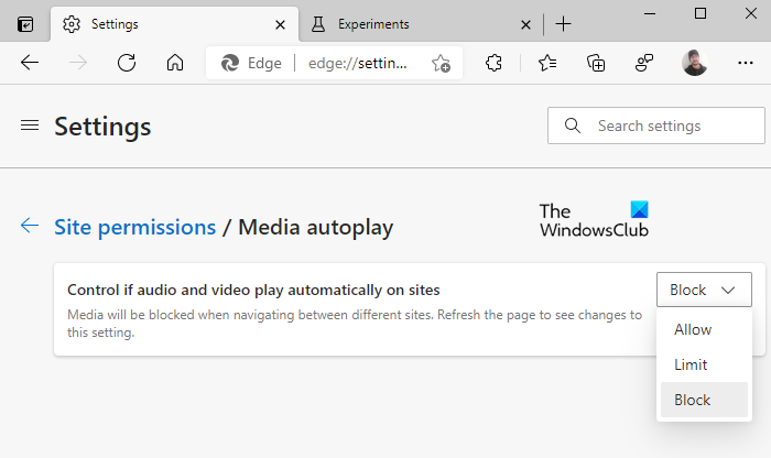 Blocca completamente la riproduzione automatica dei video in Edge.