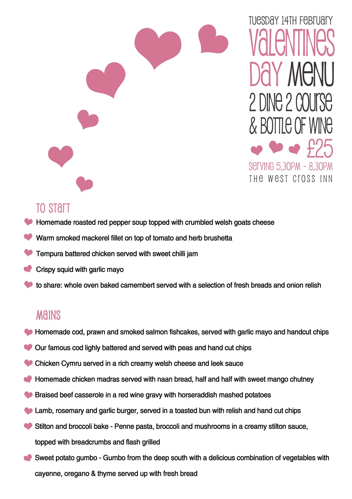 The West Cross Inn: Valentines Day - 2 dine 2 course & bottle of wine