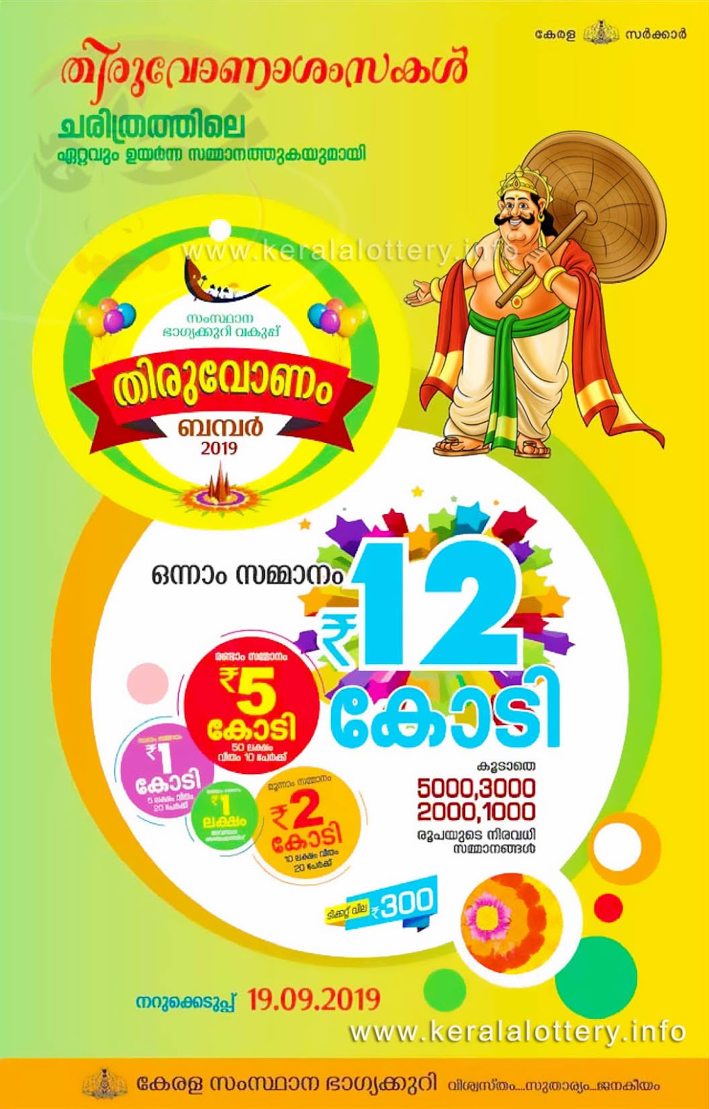 Kerala Lottery Results Today 19.09.2019 Thiruvonam Bumper BR69 Result