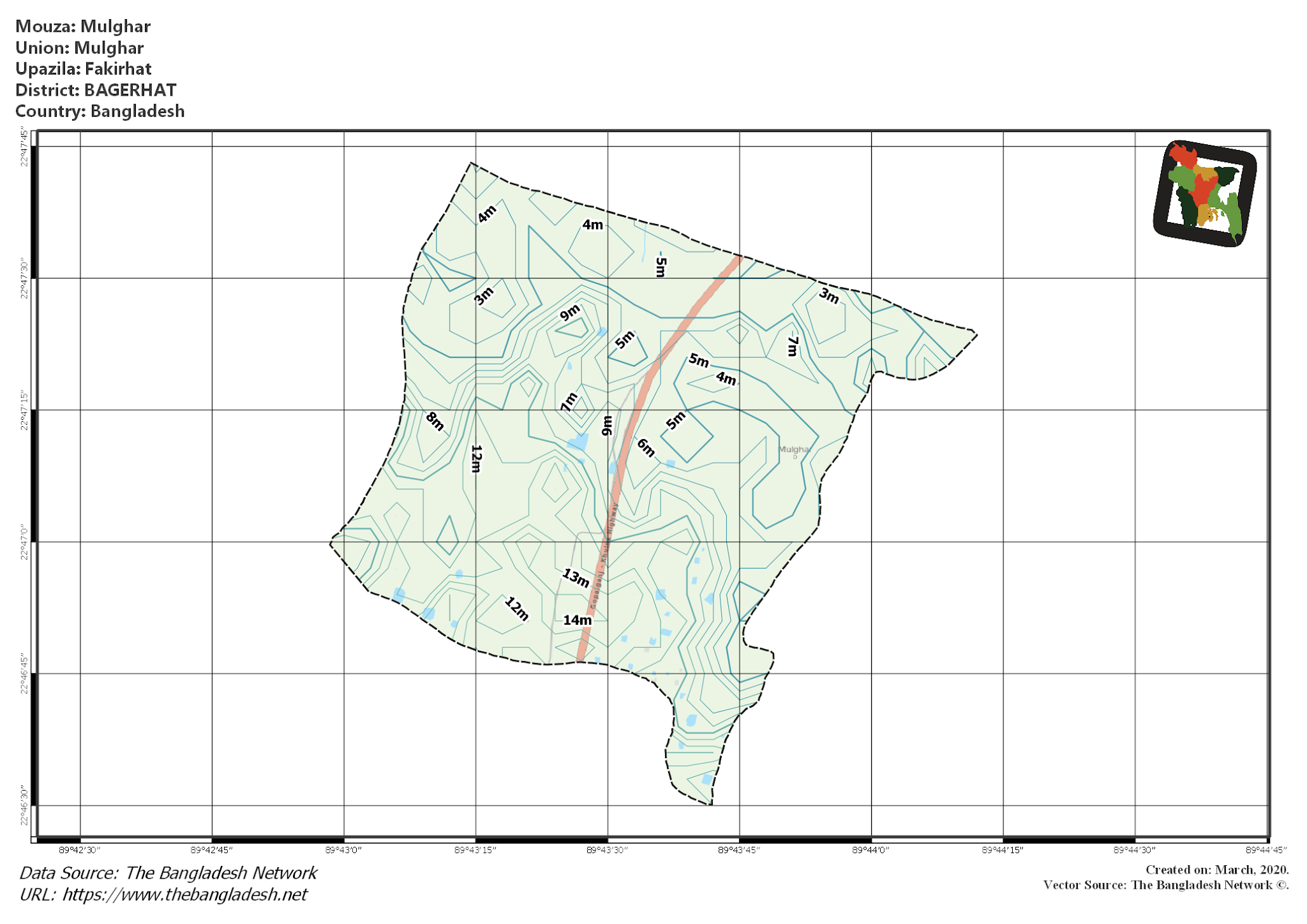 Map of Mulghar Mouza of Fakirhat Upazila, BAGERHAT, Bangladesh.