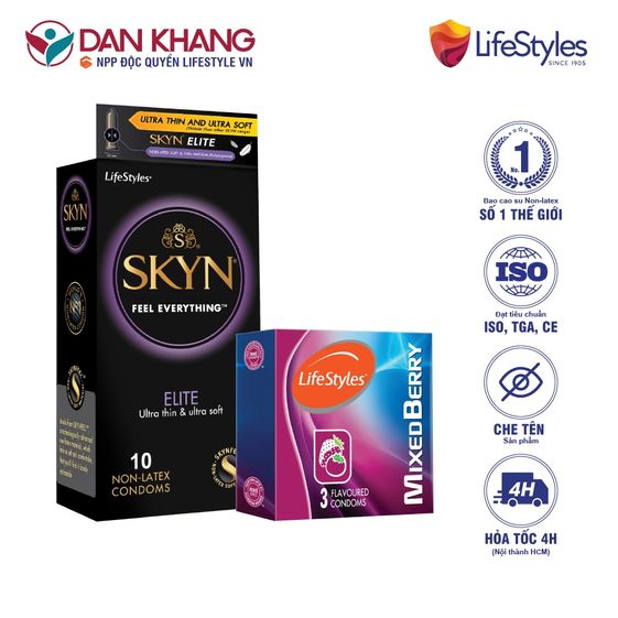 COMBO BAO CAO SU SKYN ELITE NON-LATEX 10 BAO + 1 HỘP BAO CAO SU MIXED BERRY 3 BAO – LIFESTYLES
