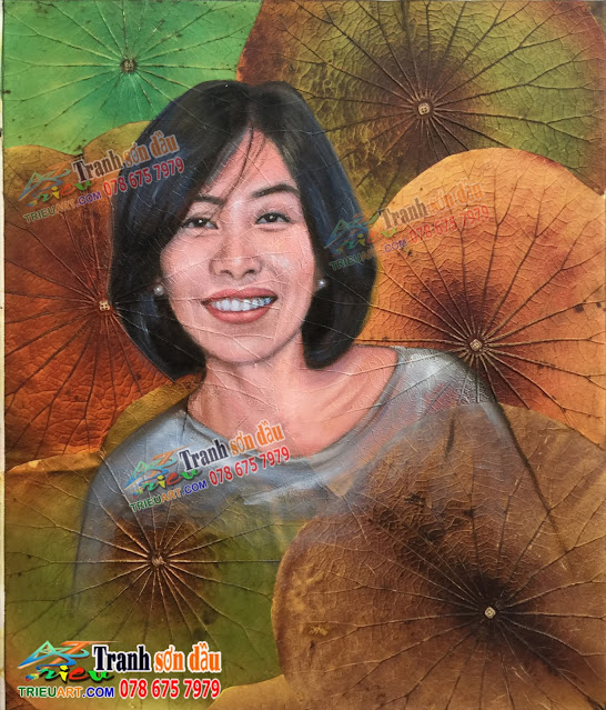 Vẽ tranh chân dung sơn dầu nghệ thuật nền hoa sen