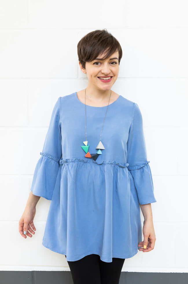 Tilly's blue Tencel Indigo smock - sewing pattern by Tilly and the Buttons