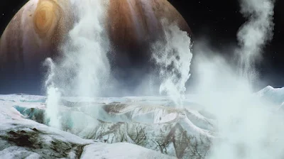 An illustration of salty ocean water spraying from the icy crust of Jupiter's moon Europa.NASA.