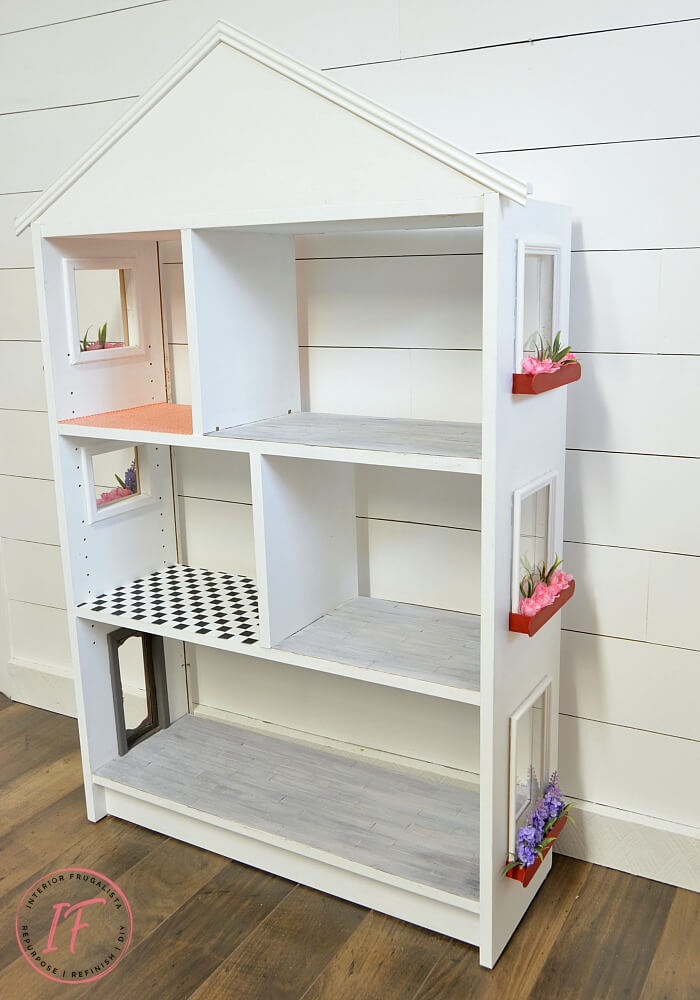 Repurposed Bookcase Dollhouse DIY Windows and Door Interior Frugalista