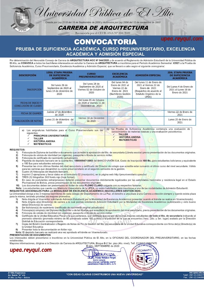 Arquitectura UPEA I/2021: Convocatoria a la Prueba de Suficiencia Académica, Curso Preuniversitario, Excelencia Académica y Admisión Especial