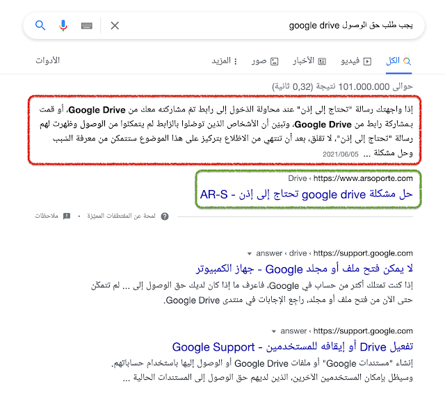 صورة تُظهر مقتطفا مميّزا على نتائج بحث Google محاط بخط أحمر، وعنوانا محاطا بخطّ أخضر