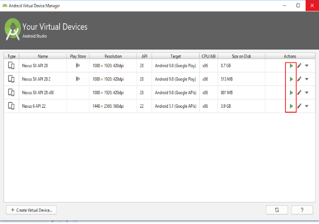 Emulator Android Paling Ringan Untuk Android Studio Jika emulator android sudah anda buat maka Android Virtual Device Manager akan menampilkan nama device yang sudah anda pilih.