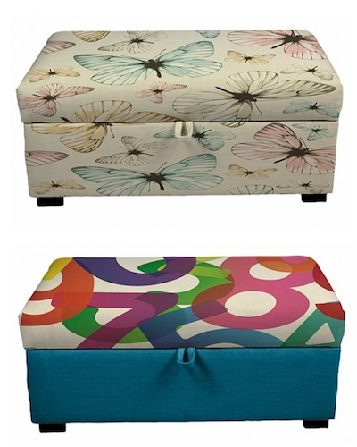 two patterned storage ottomans, one with butterflies