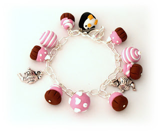 Cupcakes & Tea Charm Bracelet Commission, handmade from polymer clay