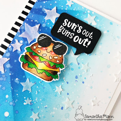 Suns Out, Buns Out Card by Samantha Mann for Newton's Nook Designs, Distress Inks, Ink Blending, Stencil, Burger, Summer, Handmade Cards, Card Making, #newtonsnook #newtonsnookdesigns #cardmaking #handmadecards #distressinks #Inkblending