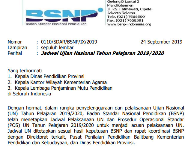 Jadwal Ujian Nasional Smp Sma Smk Tahun Pelajaran 2019 2020 Didno76 Com